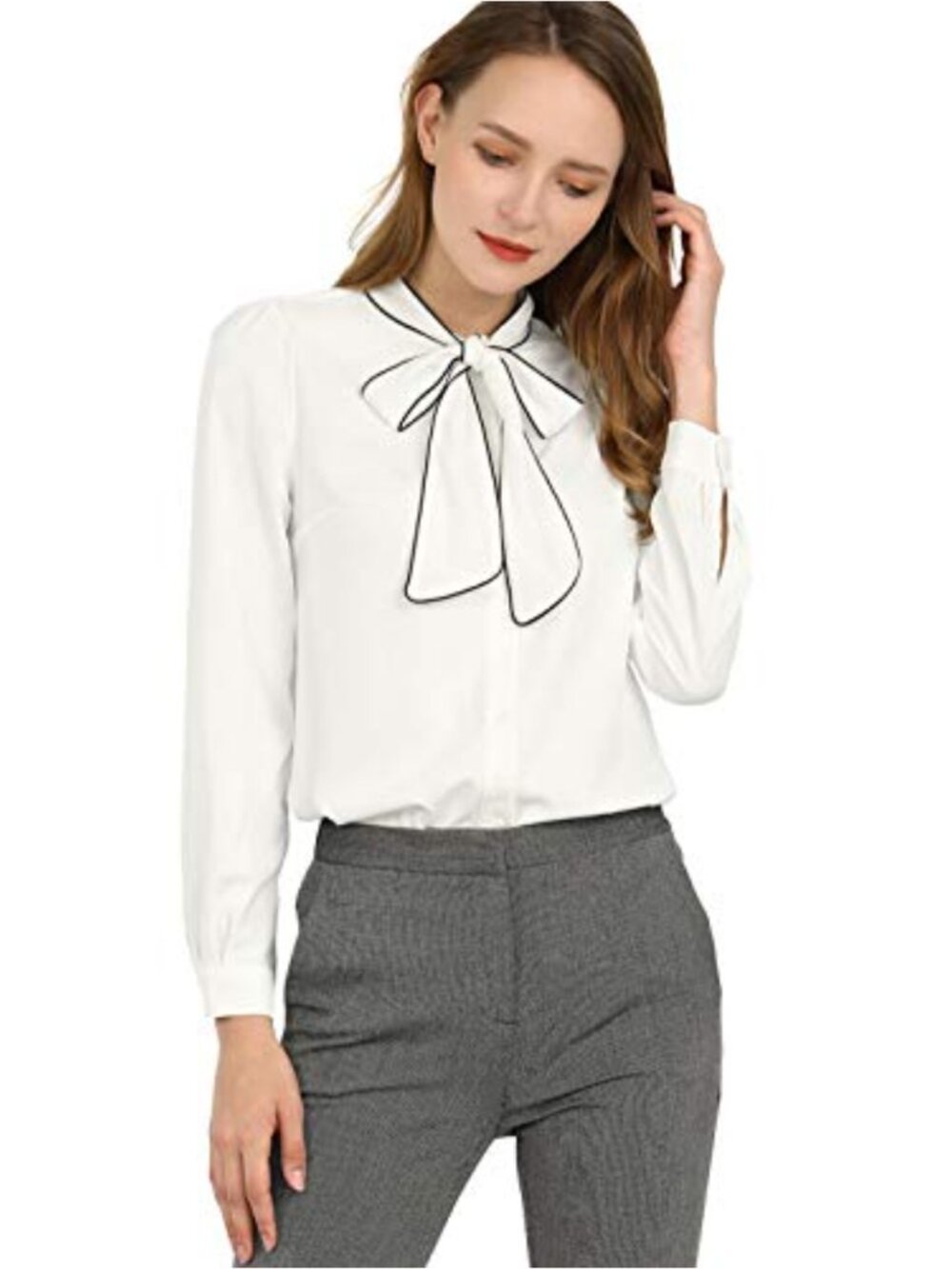 Womens Tie Neck Blouse Long Sleeve Button Down Business Casual Top